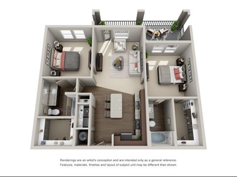 Floor plan for 2 beds, 2 baths, 1058 sqft